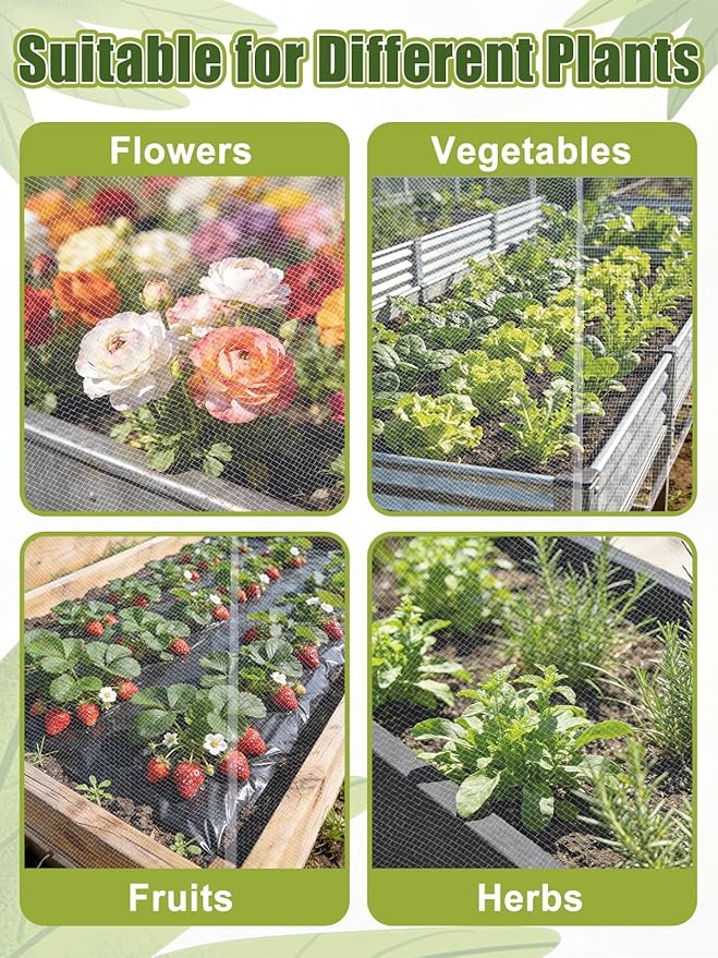 2 pcs Windproof Garden Netting for Raised Beds (4ft L x 2ft W x 1ft H) - 60 Mesh Bird Netting Garden Bed Cover with Drawstring &amp 40 Clips for Vegetables Flowers Excluding Hoops or Frames