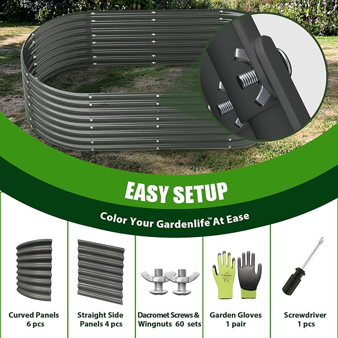 A ANLEOLIFE 8X4X2 ft Galvanized Raised Garden Beds Outdoor Oval Large Metal Deep Root Planter Box for Planting Vegetables Flowers Herb Anti-Rust &amp Easy-Setup Quartz Grey