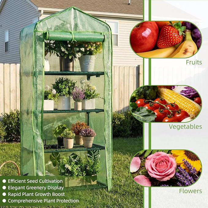 4 Tier Mini Greenhouse - Portable Indoor Outdoor Green House with 24lbs Per Shelf Durable PE Cover &amp Tool-Free Assembly for Garden Balcony Patio Backyard