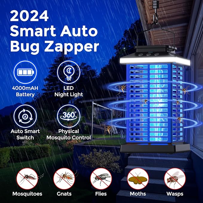 Bug Zapper Outdoor Mosquito Zapper 2 in 1 Portable &amp Rechargeable Bug Zapper Outdoor with 5000mAh Battery &amp LED Night Light 4000V Electric Fly Zapper for OutsidePatioBackyardGarden Blue