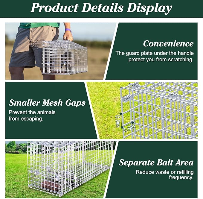25'' Live Animal Trap Heavy Duty Humane Live Cage for Stray Cats Raccoons Squirrel Skunk Mole Groundhog Armadillo Rabbit Raccoon Trap Catch and Release