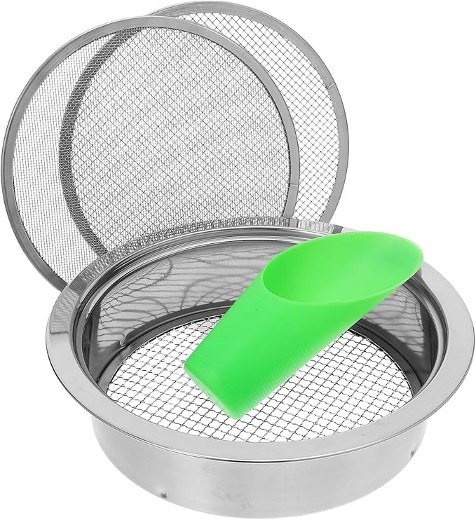 Stainless Steel Garden Soil Sifter Set with 1mm 3mm 6mm Mesh Screens and Plastic Shovel for Compost Sifting and Potting Soil Filtration