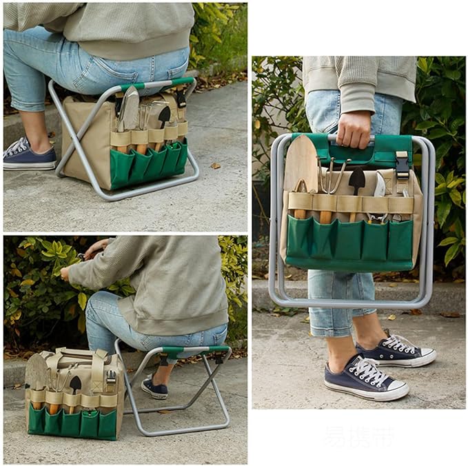 Portable Folding Stool Folding Garden Kneeler and Seat Heavy Duty Foldable Gardening Bench with Tool Bag for Outdoor Events Hiking Travel Beach Housework