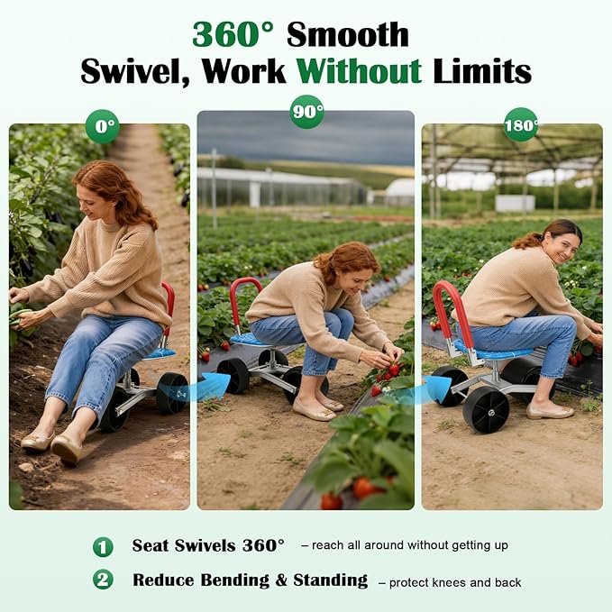 Garden Seat with Wheels 360 ° Rotation and Adjustable Height Rolling Garden Work Seat for Patio Yard Orchard Farmland 3 Wheels