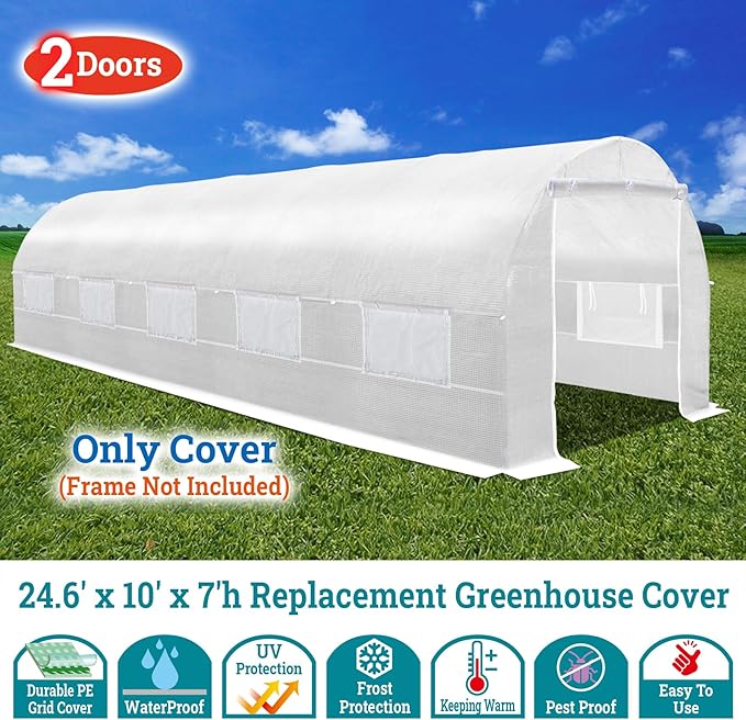 YardGrow 2-Doors Replacement Greenhouse Cover for Larger Walk in Outdoor Yard Plant Gardening Hot House Cover ONLY (24.6'x10'x7' White)