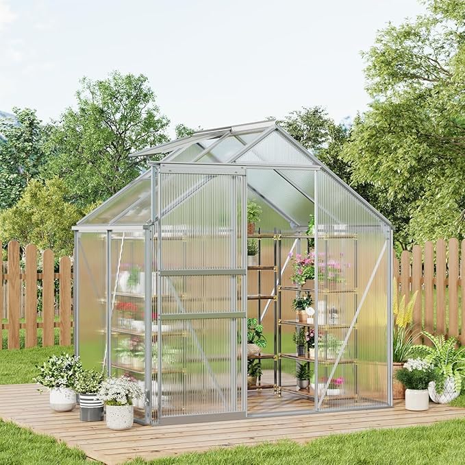 6x4FT Greenhouse for Outdoors Walk-in Polycarbonate Greenhouse with Sliding Door Adjustable Roof Vent &amp Gutter System Portable Outdoor Green House Kit for Winter Gardening