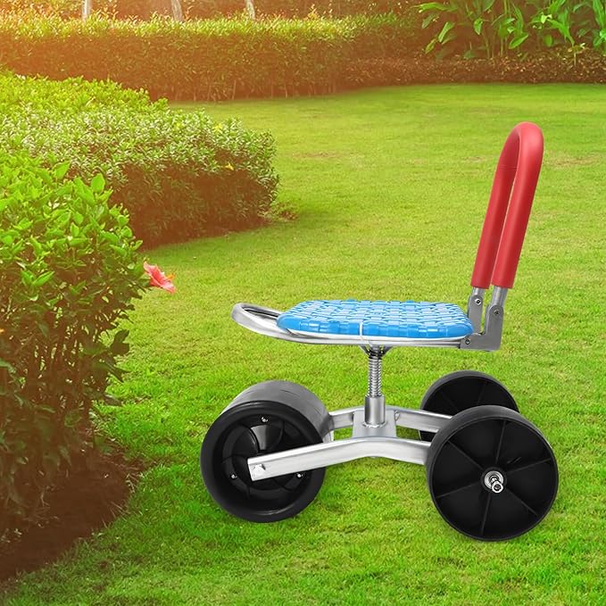 Garden cart rolling garden work seat with wheels gardening stool for planting 360-degree swivel seat garden scooter with steering handle and tool tray garden chair for outdoors patio and yard