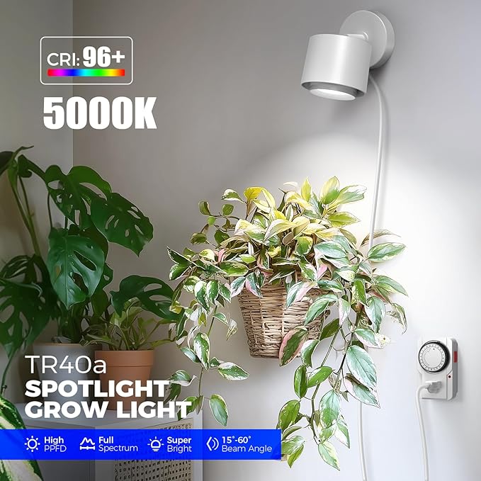 Barrina TR40a Track Grow Light for Indoor Plants 40W Wall-Mounted Grow Bulbs with Adjustable Beam Angle (15°-60°) 5000K Full Spectrum Plant Spotlight with Timer &amp 16.4' Power Cord 1-Pack
