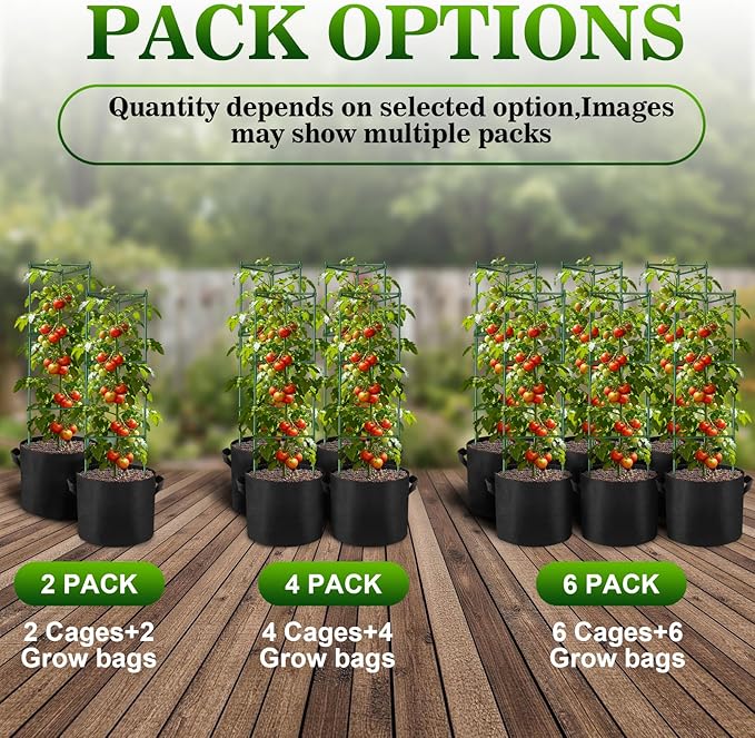 NNG 2 Packs 48 inches Tomato Cages with 10 Gallon Grow BagsGarden Plant Support CagesPlant Tower Stakes Garden Trellis for Climbing PlantsTomato Plant Trellis for Vegetable Fruits Vines