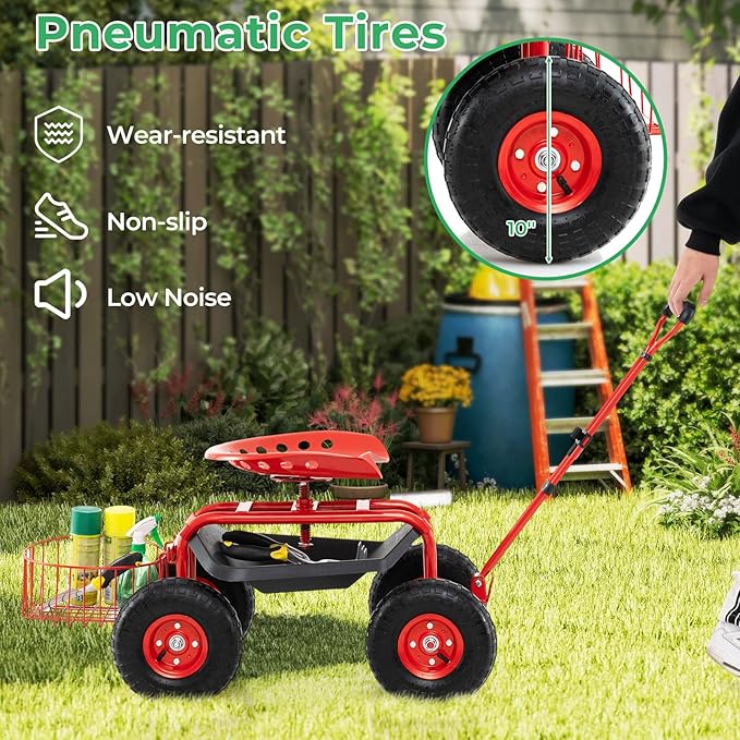 Garden Seat with Wheels Rolling Stool with Extendable Handle Storage Basket &amp Tool Tray Garden Scooter with 360 Degree Swivel Seat for Outdoor &amp Yard (Red)