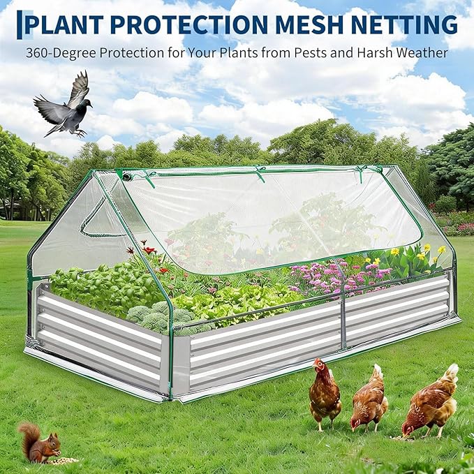 Raised Garden Bed with Cover 6x3x1 Ft Outdoor Galvanized Metal Planter Box with 2 Screen Windows Mini Greenhouse for Vegetables and Flowers Clear Top Cover