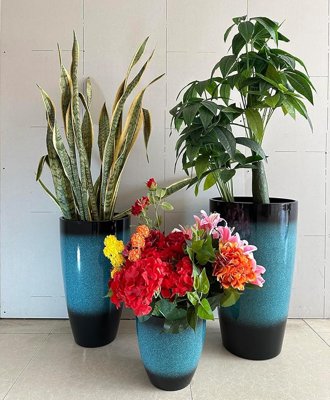 24/21/11 Inch Tall Planter Pots Garden Plastic Planters - Set of 3 for Indoor &amp Outdoor Use - Decorative Lightweight Flower Pots
