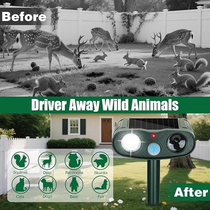 4-Pack Ultrasonic Animal Repeller Outdoor-Solar Powered Bear Repellent with Motion Detection&ampLED Flash-Effective Deterrent for CatRabbitGooseDear&ampDog-Waterproof for Garden &amp Yard