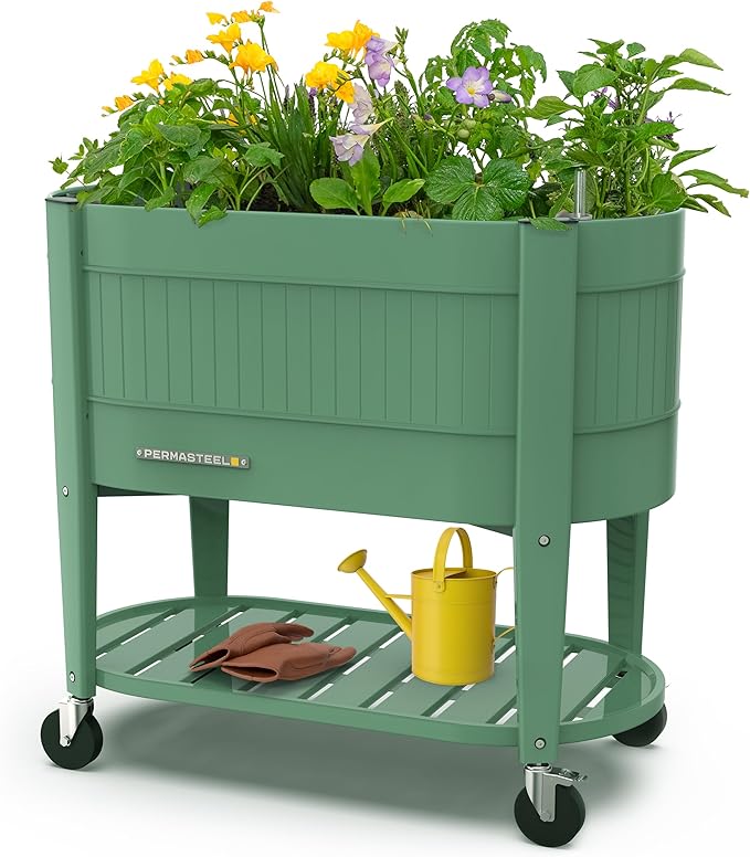 Permasteel Raised Garden Bed with Legs 40×20×37 in Planter Box with EnGrow™ TrueSoil™ Technology for Vegetables Flowers Herbs and Fruit Outdoor Indoor Storage Shelf Sage