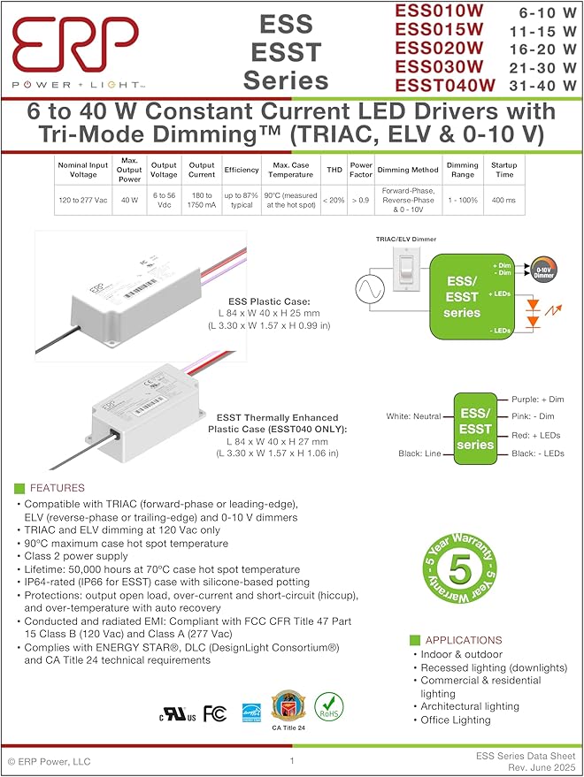 ERP ESS030W-0500-42 ERP Power Constant Current Tri-mode Dimming LED Driver - 21W 500mA | Fixed 500mA Output Current | Mounting Tabs