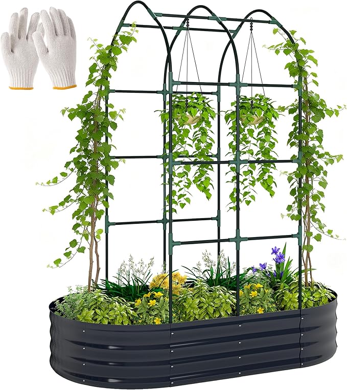Outsunny Galvanised Raised Garden Bed with Arched Trellis 5 x 3 x 6ft Metal Outdoor Planter Box with Open Bottom Design Modular Raised Bed with Gloves for Vegetable Flower Easy Assembly Dark Gray