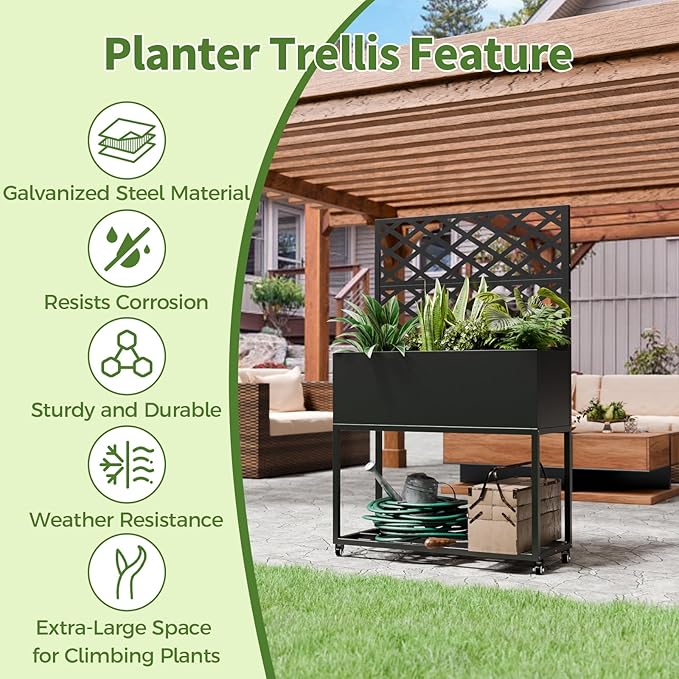 Metal Planter Box with Trellis55 H x35 W Raised Garden Beds with Privacy Screen for Climbing Plants Flower Elevated Standing Planter Garden Bed with Drainage Holes for Outdoor PatioBlack