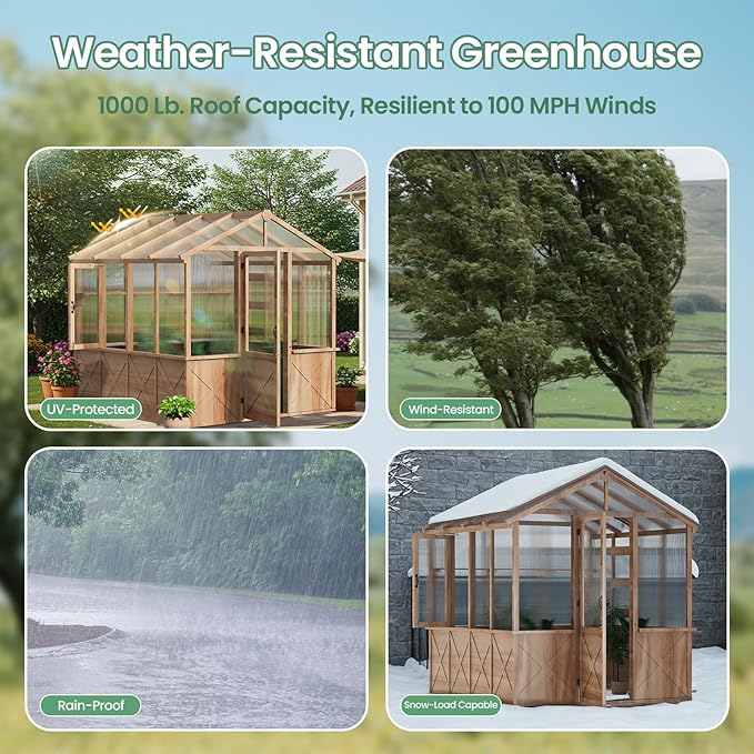 8*9.2*8.2FT Wooden GreenhouseGreen House with Shelves &amp Plant HooksSloped Roof DesignUnique Metal RodEuropean Spruce Frame for Outdoor Garden and Backyard