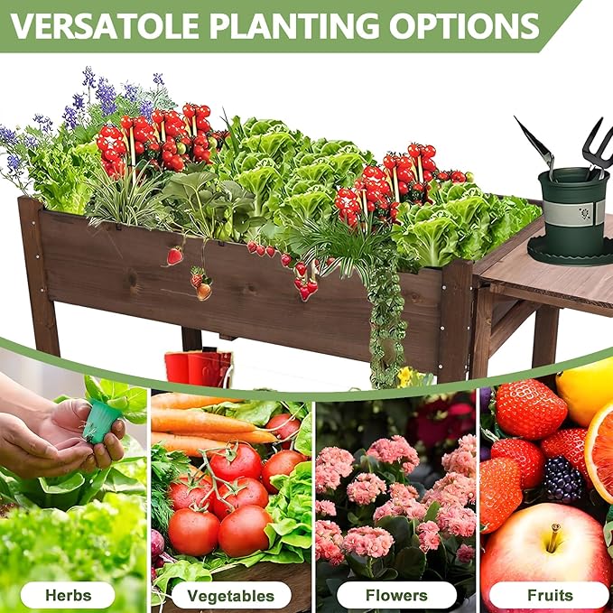 Elevated 8 Pocket Herb Garden BedWooden Standing Planter Box with LegsFoldable Side Table and Storage Shelf Patio Raised Garden Bed for HerbsVegetablesFlowers (Dark Brown 49 Inch)