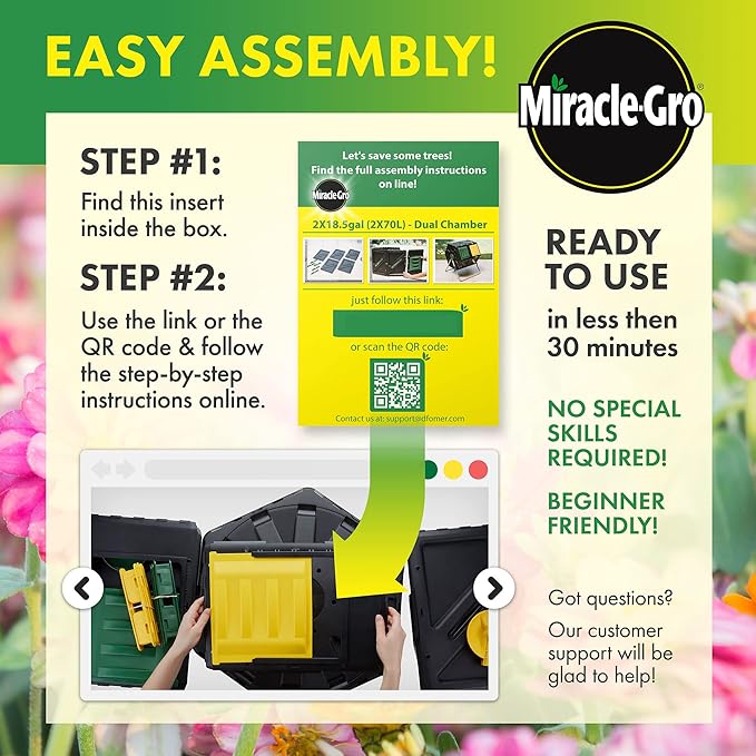 Miracle-Gro Dual Chamber Compost Tumbler – Easy-Turn Heavy-Duty Outdoor Bin Composter with 2 Sliding Doors (2x18.5 Gal/70L