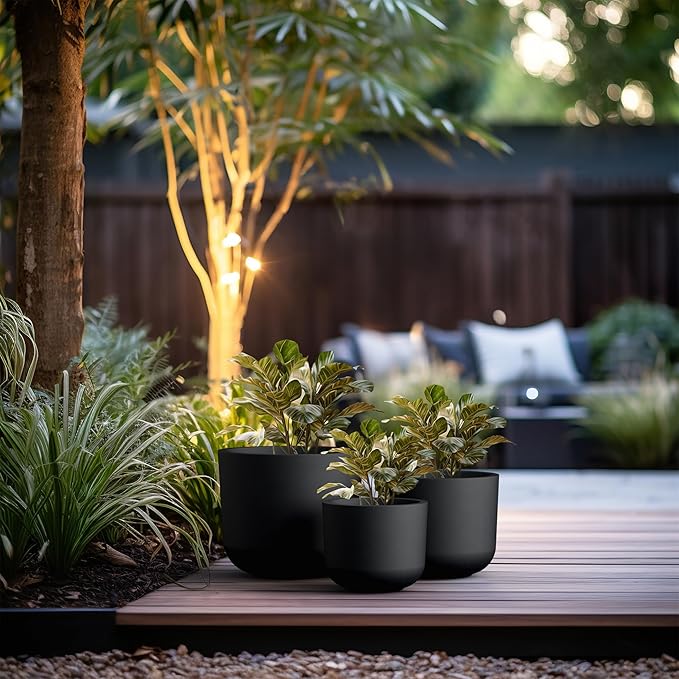 Kante 13119 Dia Black Round Planters (Set of 3) Outdoor Indoor Modern Planter Pots Lightweight Weather Resistant Seamless with Drainage Hole