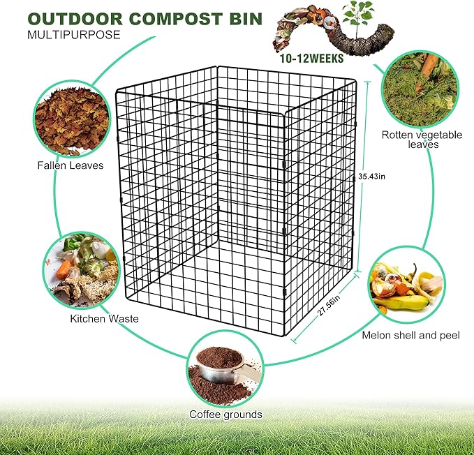 Large Compost Bin Outdoor Square Mesh Garden Wire Compost Bin for Stacking Leaves and Yard Waste Black 36X36X28 Inches