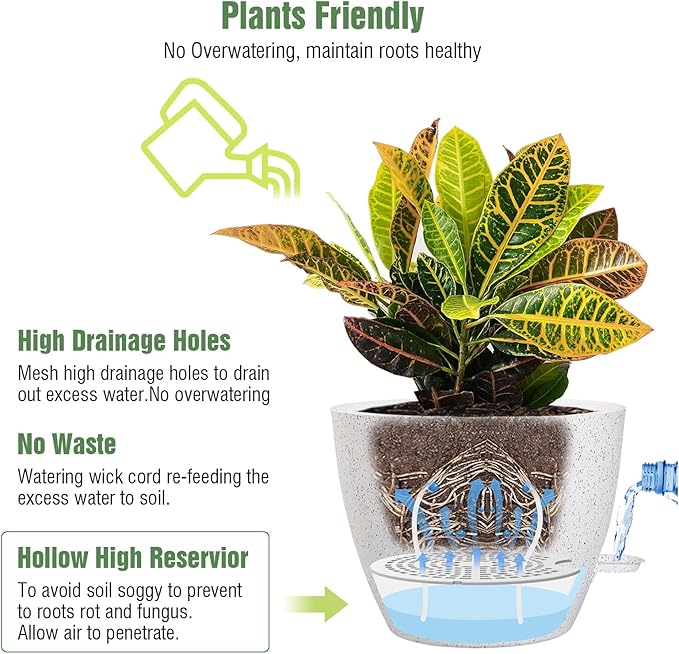 Large Self Watering Pots 12/10/9 Plastic Planters with High Drainage Holes and Deep Reservoir for Indoor Outdoor Garden Plants and Flowers White Speckles