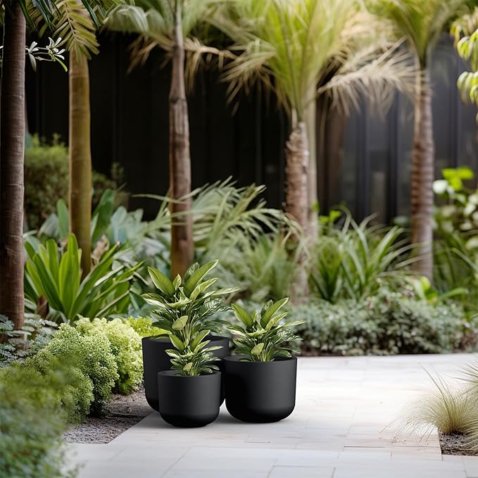 Kante 13119 Dia Black Round Planters (Set of 3) Outdoor Indoor Modern Planter Pots Lightweight Weather Resistant Seamless with Drainage Hole