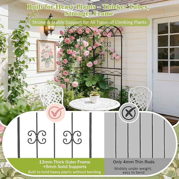 2 Pack 70.8 H x 19.7 W Arched Metal Garden Trellis for Climbing Plants Outdoor - Tall Rust-Resistant Decorative Climbing Rose Trellis Perfect for Roses Vines Vegetables Flowers Black