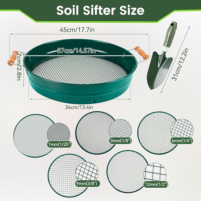 Large 14.57 Soil Sifter with 5 Interchangeable Stainless Steel Mesh Screens (1/3/6/9/12mm) + Stainless Steel Hand Trowel + Galvanized Garden Sieve for Compost Sand Gravel &amp Cat Litter (Green)
