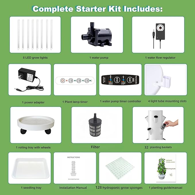 Hydroponics Growing System Kit with LED Grow Lights8-Layer Vertical Garden Tower 32 Pods Large Planting Sites 8 Gallon Indoor Growing System for Vegetables Herbs &amp Tomatoes Pump&ampDual Time