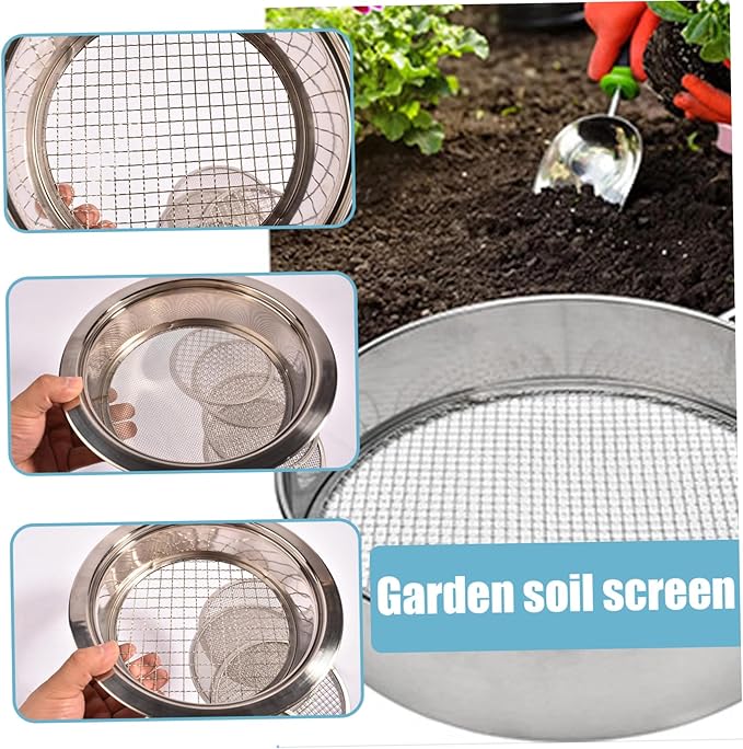Garden Sieve Soil Sifter Removable Garden Sieve with Interchangeable 3/6/9mm Mesh Stainless Steel Soil Sieve 9.4 Dia. Sand Sifter for Sifting Soil Stones Compost.