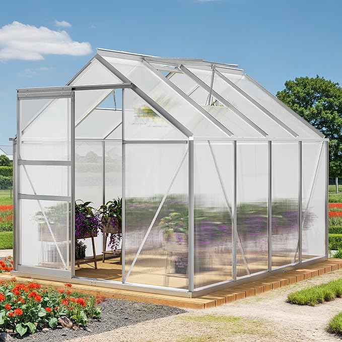 YITAHOME 6x8FT Polycarbonate Greenhouse Heavy Duty Green Houses Outdoor Aluminum Greenhouses with Sliding Doors Vent Window Walk-in Greenhouse Large Sun House for Garden Backyard Matte Silver