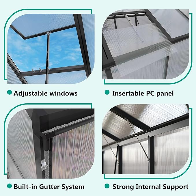 Greenhouse for Outdoors 8x14x7.8FT Polycarbonate Greenhouse with Stronger Wind Protection and Roof Vent Walk-in Large Aluminum Sunroom Winter Proof Black
