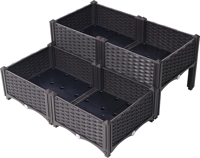 4 Piece Raised Garden Bed with Legs Self-Watering Planter Boxes for Flowers &amp Vegetables Brown