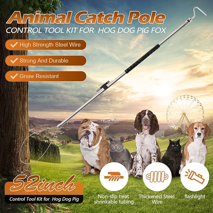 Dog Catcher Pole Animal Catch Pole Control Tool Trap Kit for Dogs Pig Fox Hog and Other Wildlife Catching - 52inch with Flashlight