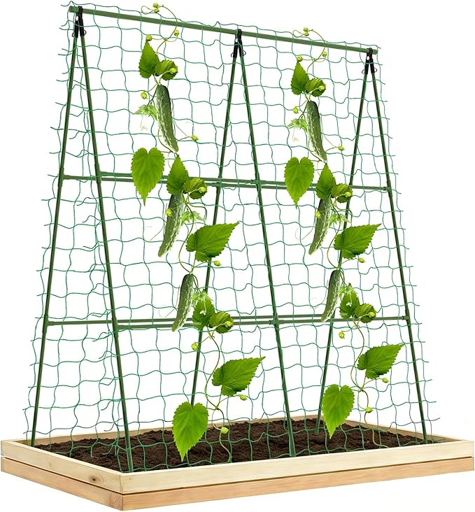 Compact A-Frame Plant Trellis for Peas Beans &amp Small Climbing Plants - 47'' H x 31.5'' W PE-Coated Galvanized Steel Garden Support with Netting Ideal for Raised Beds &amp Container Gardens
