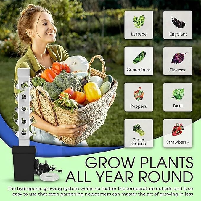 Hydroponic Tower for Garden Pot of 12/16/20/24 Holes Hydroponic Culture Moisturizing Pump + Timer + Adapter for Herbal Network Pots