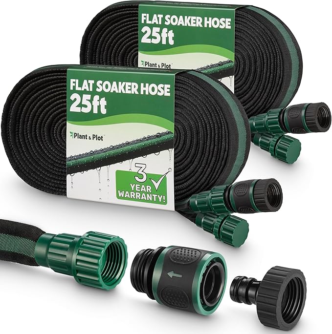 Flat Soaker Hose 50ft (25ft 2-Pack) for Garden // Drip Hose for Garden Beds Lawns and Trees // Heavy Duty Leakproof Design with Quick Connect // Linkable Irrigation System for Vegetables and Flowers