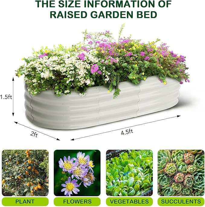 4.5x2x1.5FT Oval Galvanized Steel Raised Garden Beds 2-Pack Large Outdoor Metal Planter Boxes with Open Base and Safety Edge Tool-Free Assembly Weather-Resistant for Vegetables Flowers Herbs White