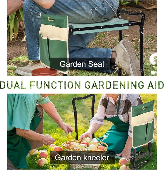 Garden Kneeler and Seat Bench with Tool Pouch - 2-in-1 Folding Stool with Cushion for Gardening Kneeling Sitting 330lbs Capacity &amp Large Side Storage Bag
