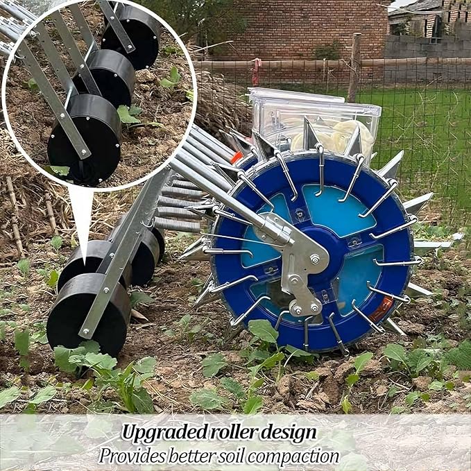 Double Wheels Push Garden Seeder Metal Precision Hand-Push Seeder Manual Roller Seeding Machine Row Planter and Fertilizer Applicator for Terraced Farm Garden(9 Nozzles)