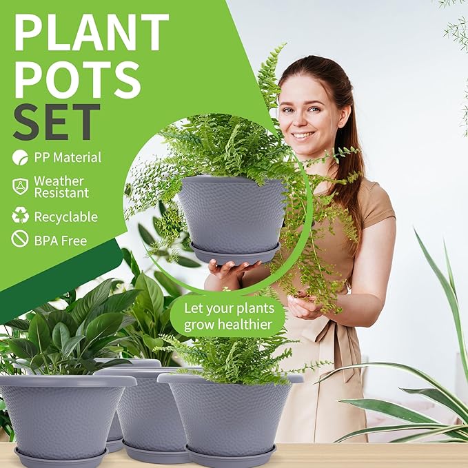 Quarut 12 Inch Large Planter Pot for Plants Indoor Outdoor 4 Pack Plastic Flower Pots with Drainage Hole &amp Tray Modern Decorative Garden Pot with Saucer Plant Container for House Grey