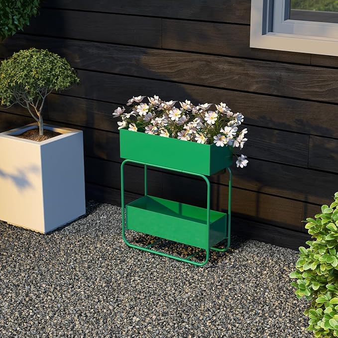 Raised Garden Bed 2 Tier Outdoor Metal Planter Box Plant Stand with Drainage Planter Holder Rack Fruit Vegetables and Flowers Can Be Grown Green