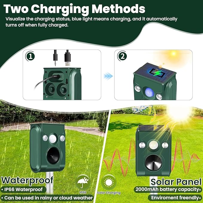 Cat Repellent Outdoor 2 Pack Solar Animal Repeller Ultrasonic with Motion Sensor and Flashing Light - Waterproof Skunk Deer Bird Raccoon Squirrel Cat Deterrent for Yard Garden Farm