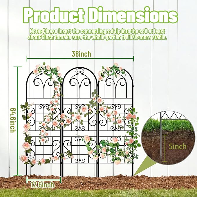 Garden Trellis for Climbing Plants 3 Pack 38 Wx 64.6 H Rustproof Flower Trellis with Black Coating Outdoor Climbing Rose Trellis Cucumbers Support for Courtyards Lawns (Curved Shape 3 Pieces)