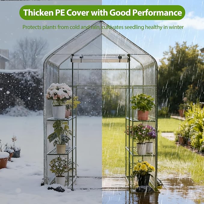 Walk-in Greenhouse 27.6 x 55 x 79 Inch Outdoor Plant Green House with 3 Tiers 6 Shelves Heavy Duty Steel Frame &amp Thicken PE Cover Portable Greenhouses for Balcony Patio Deck Gardening