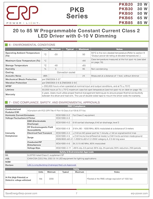 ERP PKB30W-1050-55-TN | 20 to 85 W Programmable Constant Current | Class 2 LED Driver with 0-10 V Dimming