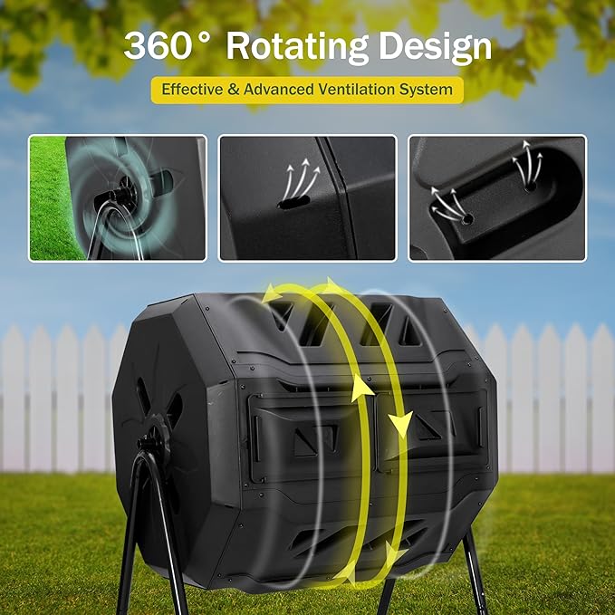 JupiterForce 43 Gallon Compost Bin Outdoor Dual Chamber Composter Tumbler 360° Rotating Tumbling Composter with 2 Sliding Doors for Kitchen Garden and Yard Waste Black (BPA Free)