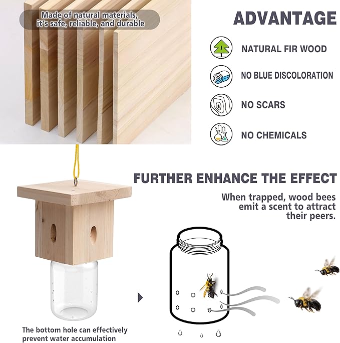 4 PCS Wood Carpenter Bee Trap for Outside - Best Bee Trap - Nature Hanging Carpenter Bee Traps Plastic Jar Outdoor - Insect Traps